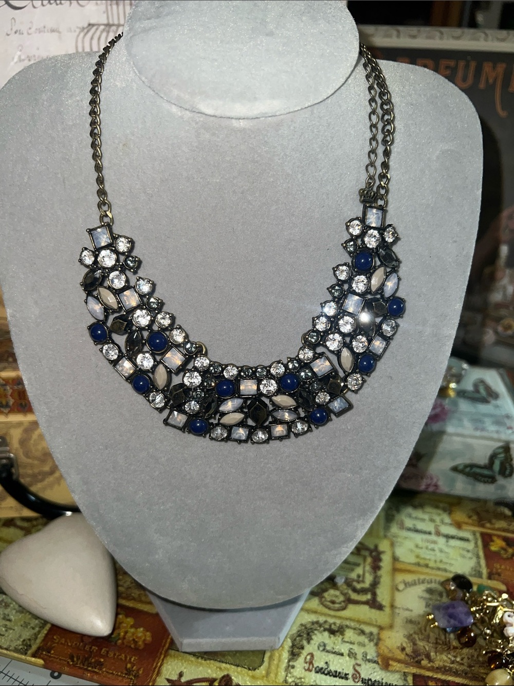 Statement Blue and Clear Crystal Bib Necklace by
